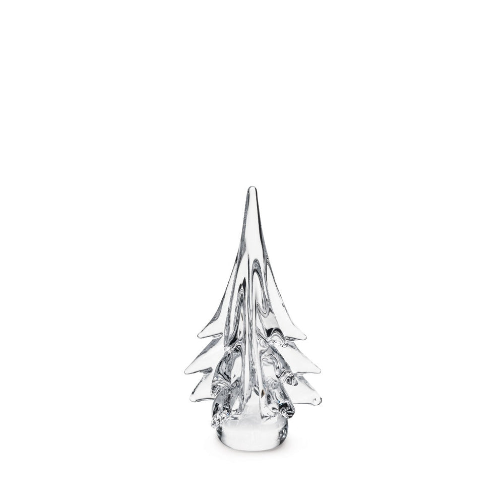 Front view of Spruce Evergreen handblown glass tree showcasing five-sided branches and cylindrical base on white background