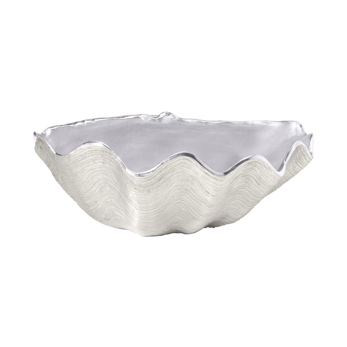 Front view of Ruffled Edge Scallop Bowl showcasing wavy ruffled edges and textured recycled aluminum with white background