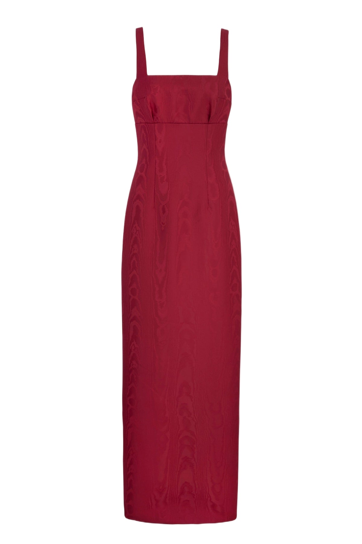 Front view of the red Micheline Dress showcasing its square neckline and moiré mikado texture on white
