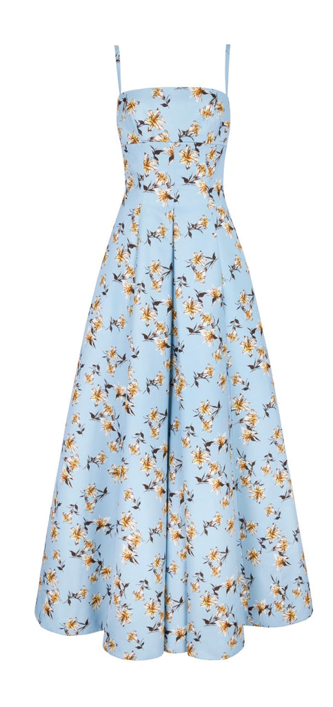 Oceana Dress In Blue Summer Lillies Taffeta Faille
