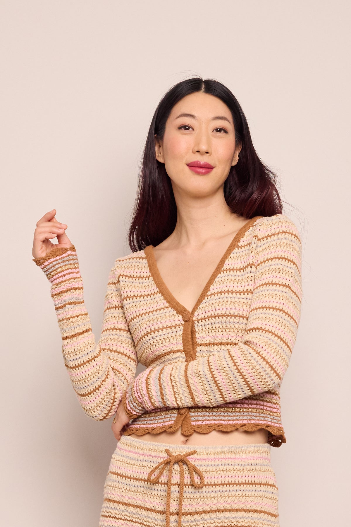 Lilana Cardigan in Clay Striped Lurex Crochet