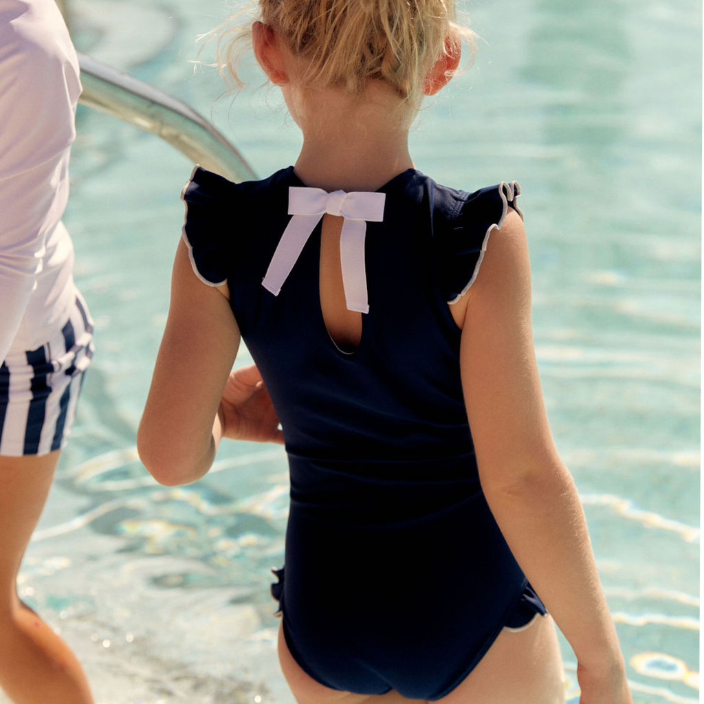Girls Navy With White Trim Ruffle Sleeve Rashguard One Piece