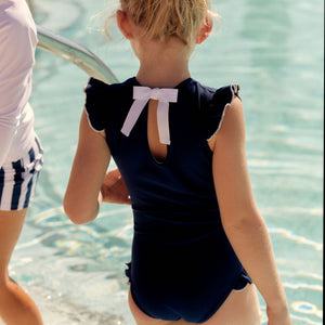 Girls Navy With White Trim Ruffle Sleeve Rashguard One Piece