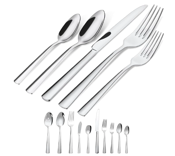 45-Piece Silverware Set Flatware Cutlery Set Service for 8, Durable Stainless Steel Tableware in Ergonomic Design Size and Weight, Kitchen Utensil Sets with Steak Knives, Rust-proof, Dishwasher Safe