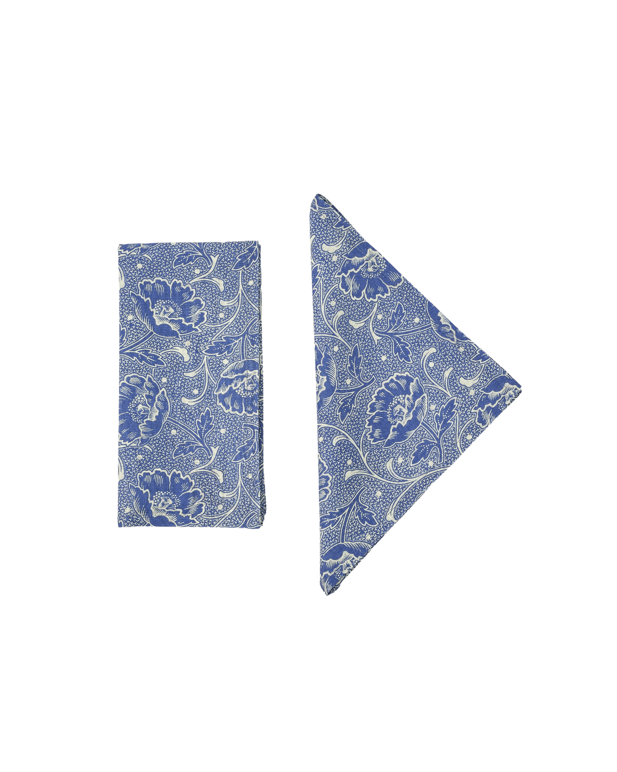 Top view of Toscana Blue napkins with blue floral print on speckled linen, folded rectangle and triangle on black background