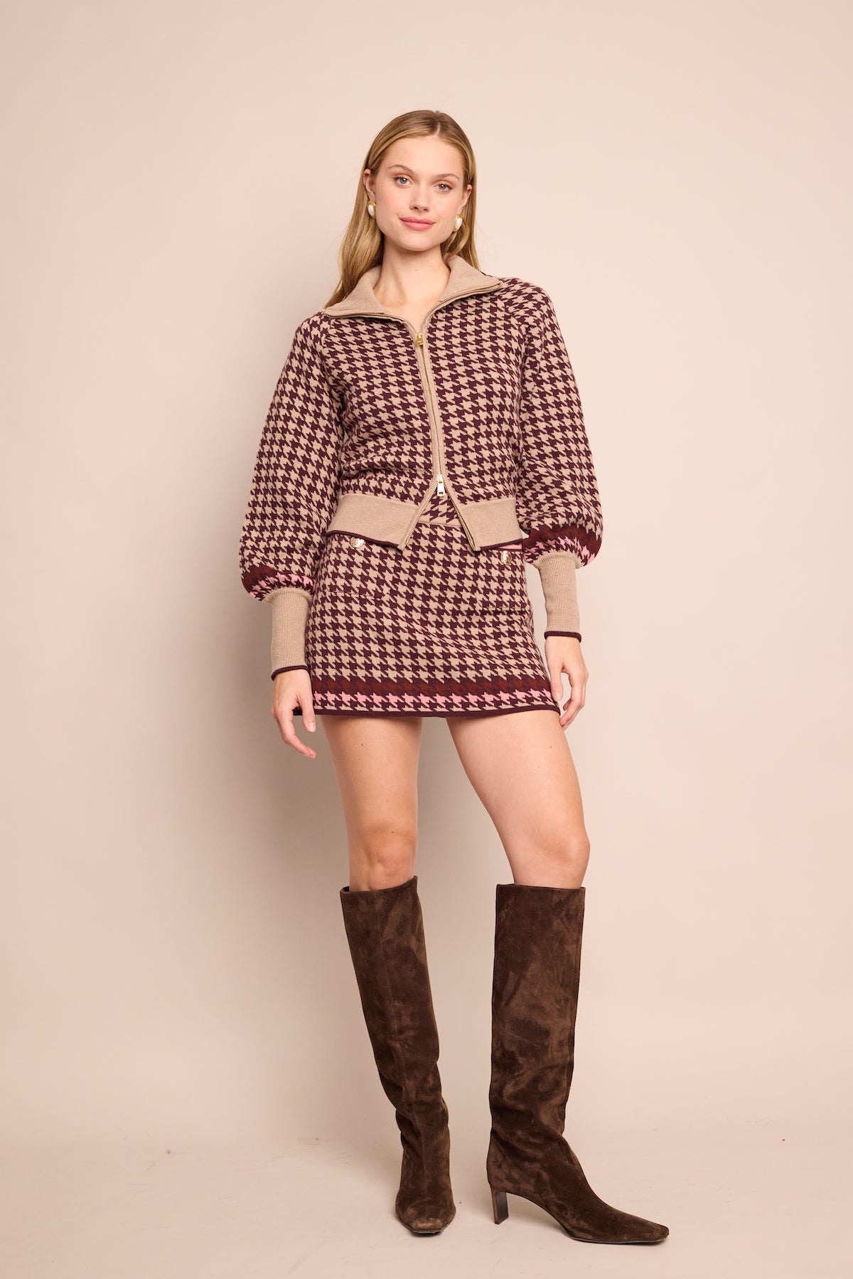 Lynne Mini Skirt in Houndstooth Multi Taupe