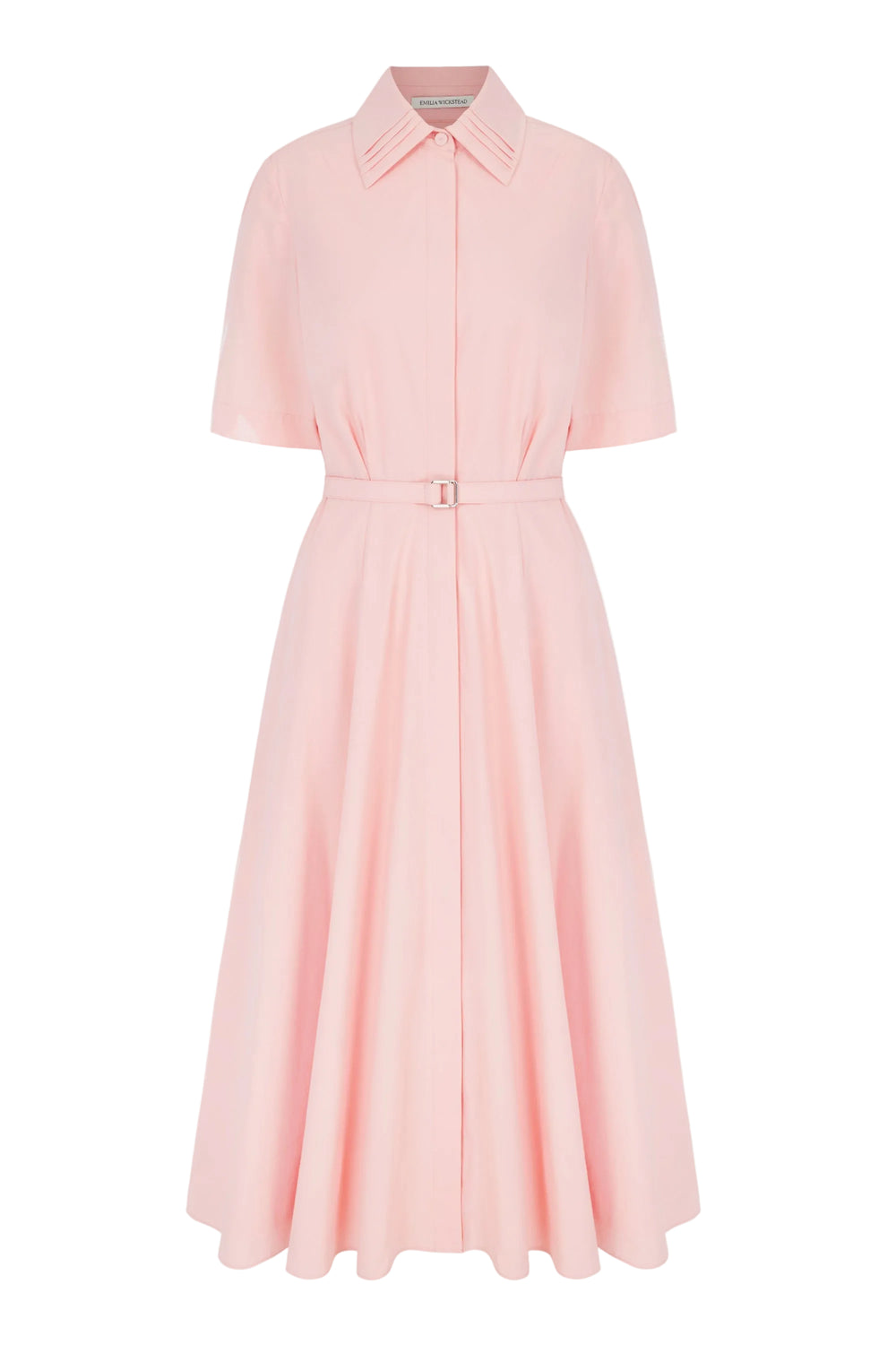 Front view of Rubie dress in light pink cotton poplin with pointed collar, short sleeves, belt, and A-line skirt