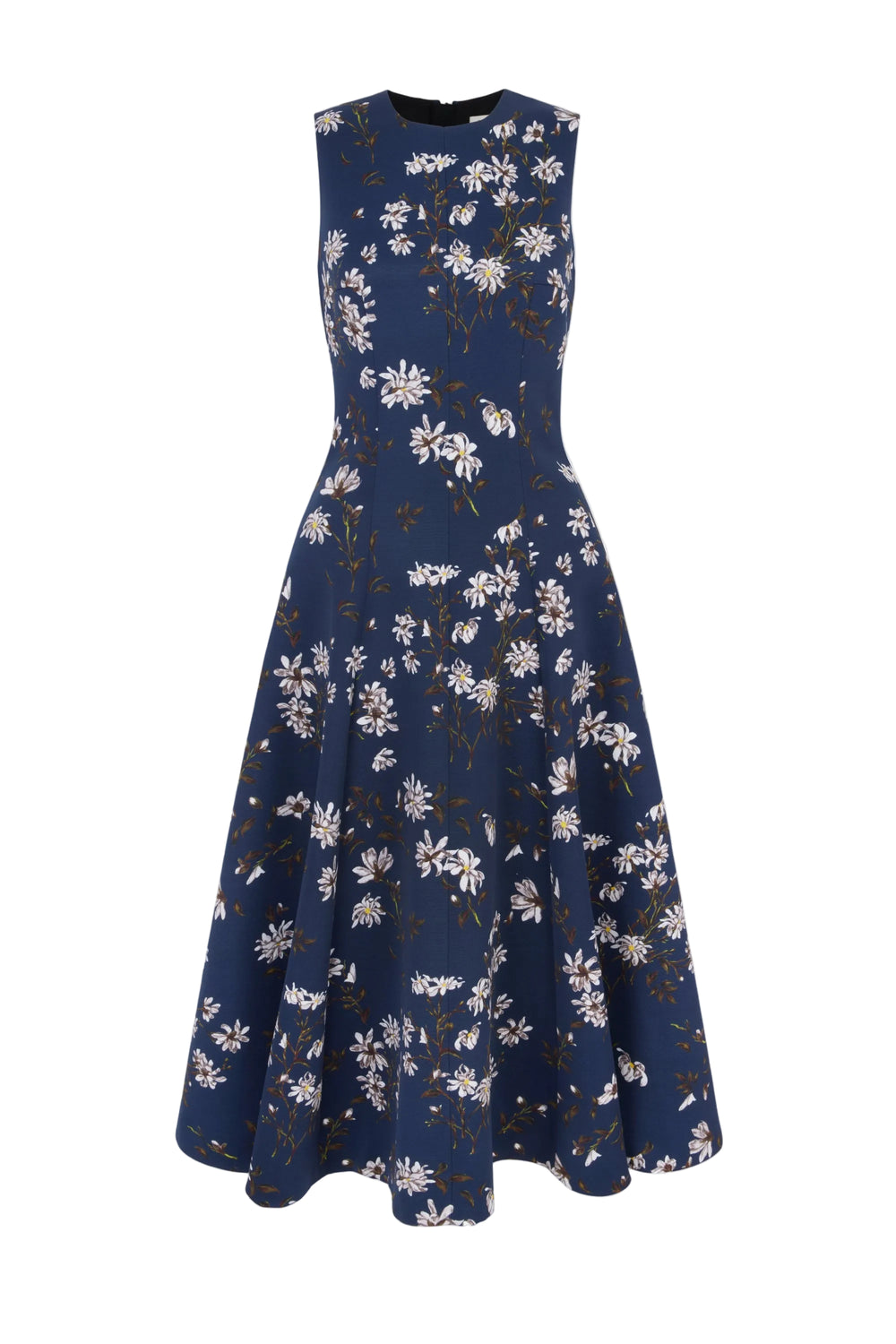Front view of Mara Dress in Midnight Magnolia taffeta faille, showcasing sleeveless silhouette with a white background
