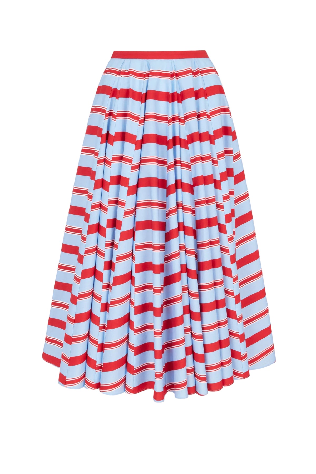 Front view of Rhea skirt in blue and red striped cotton poplin showcasing fitted high waist and sweeping pleats on white background