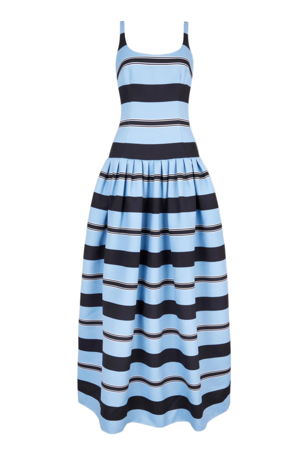 Front view of blue and black striped taffeta faille Tristesse Dress with square neckline and gathered full-length skirt
