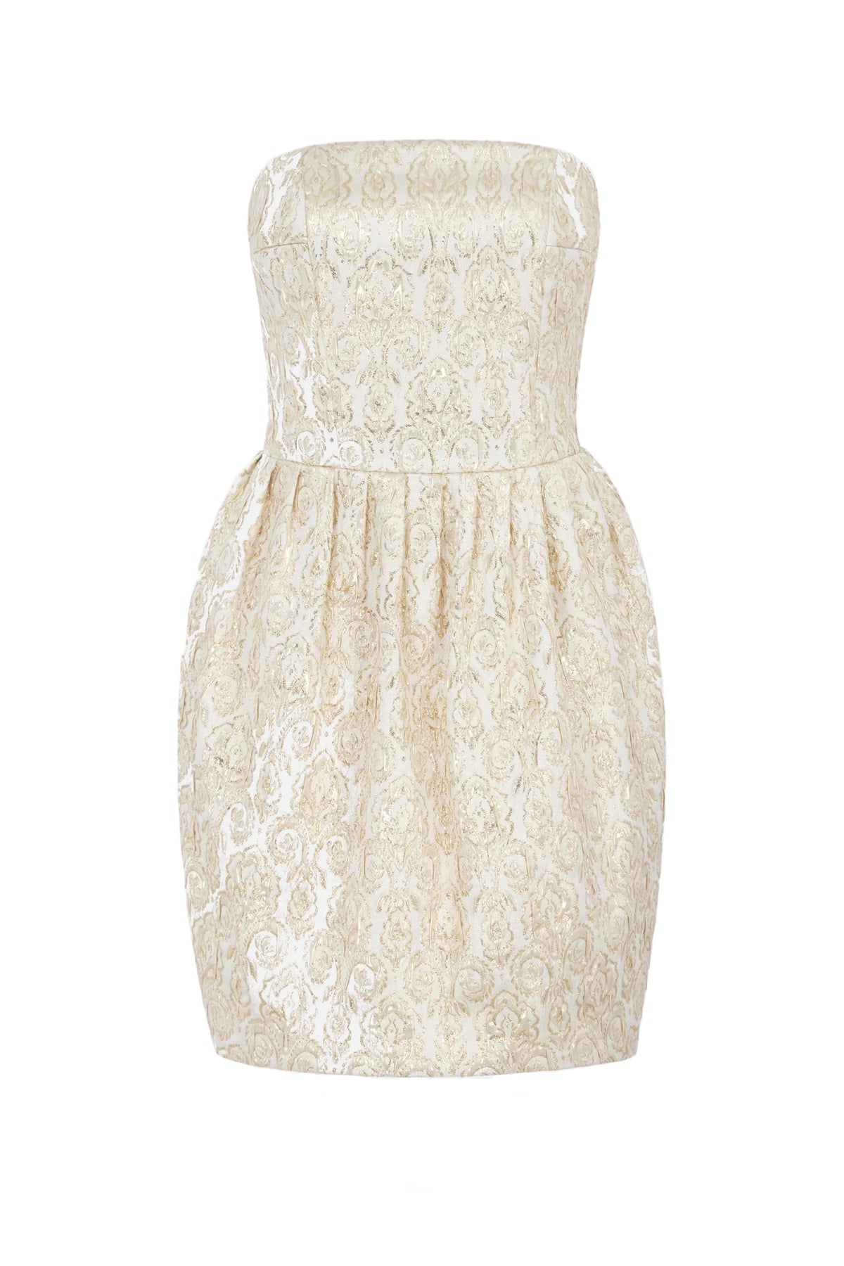 Front view of Lowe Mini Dress in Gold Metallic Jacquard showcasing strapless bodice and voluminous tulip skirt on white background