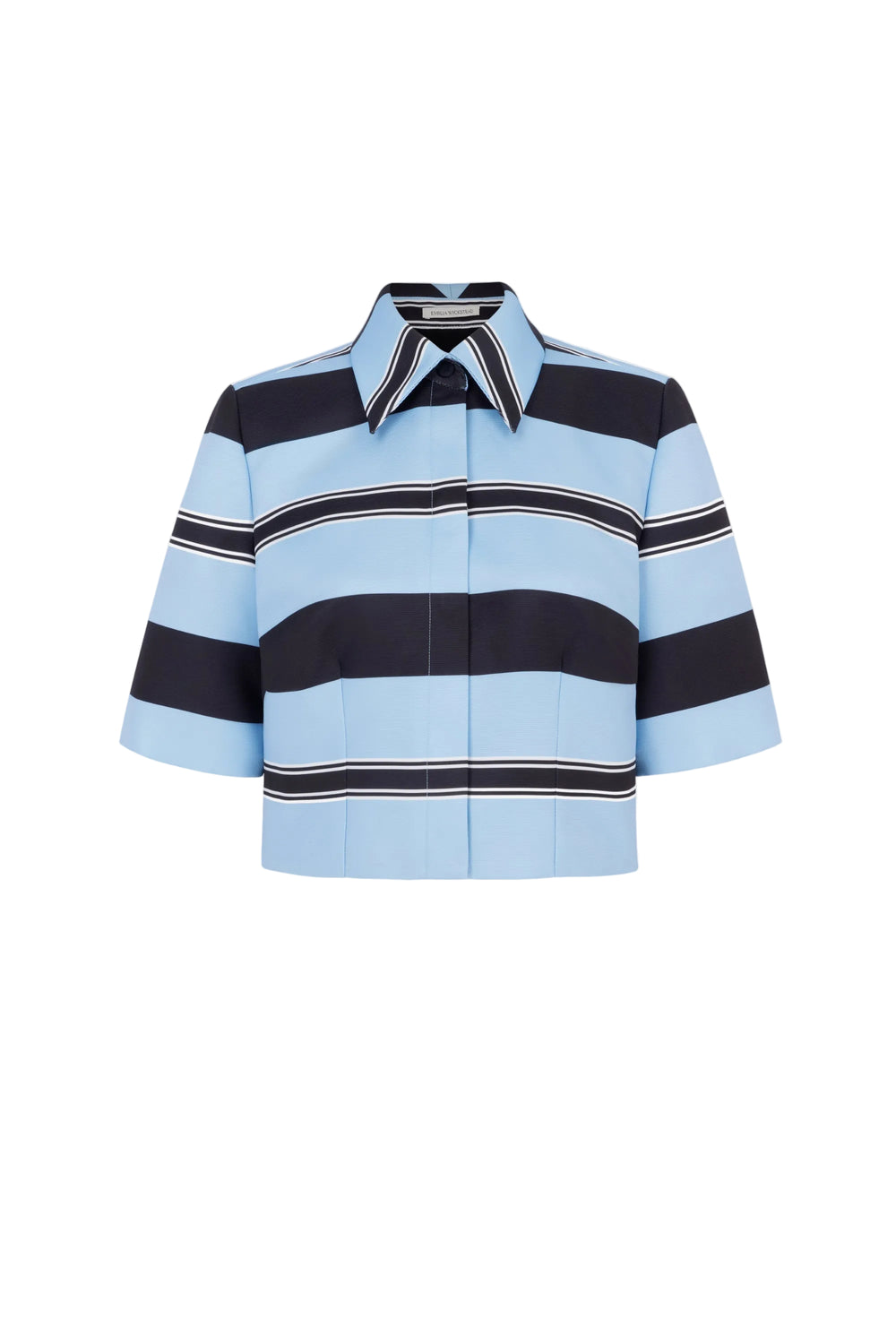 Front view of Natalie Top in blue and black striped taffeta faille with sharp collar and short sleeves on white background