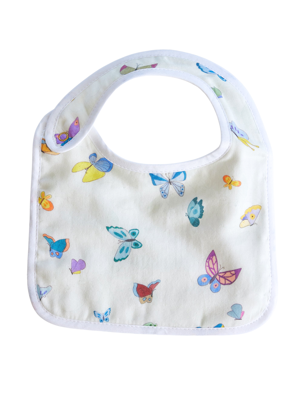 Front view of Madame Butterfly bib showcasing multicolor butterfly print, white binding, and snap closure on transparent background