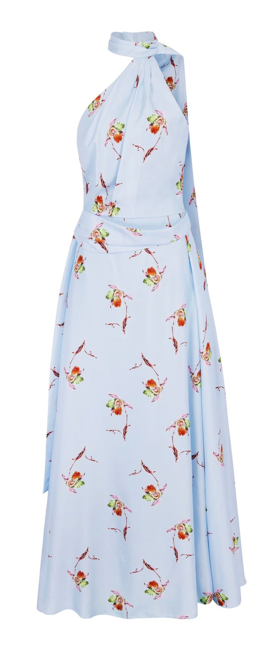 blue floral silk twill midi dress Blue Floral Silk Twill Midi Dress Ss25175mbl