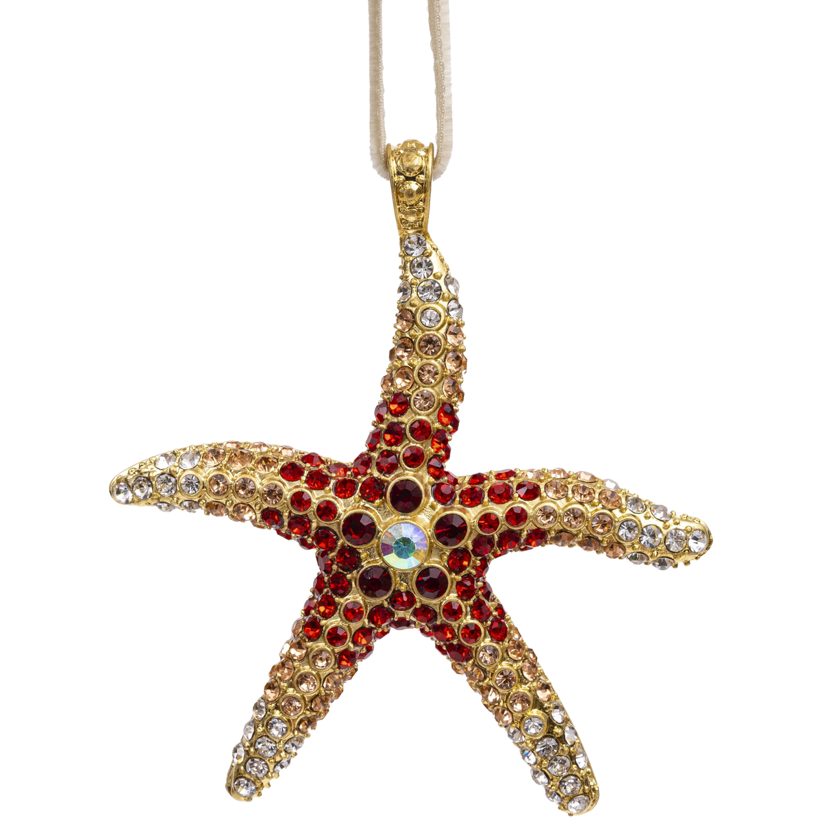 Front view of Starfish Hanging Ornament in Coral showcasing jeweled red and clear glass details with a black background