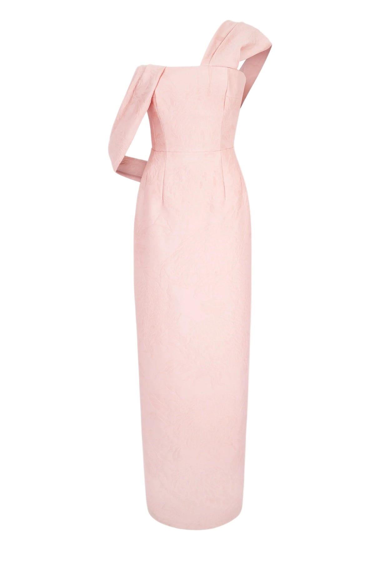 Rear view of pink Kiana dress showcasing embossed cloque texture and folded sleeves against a white background