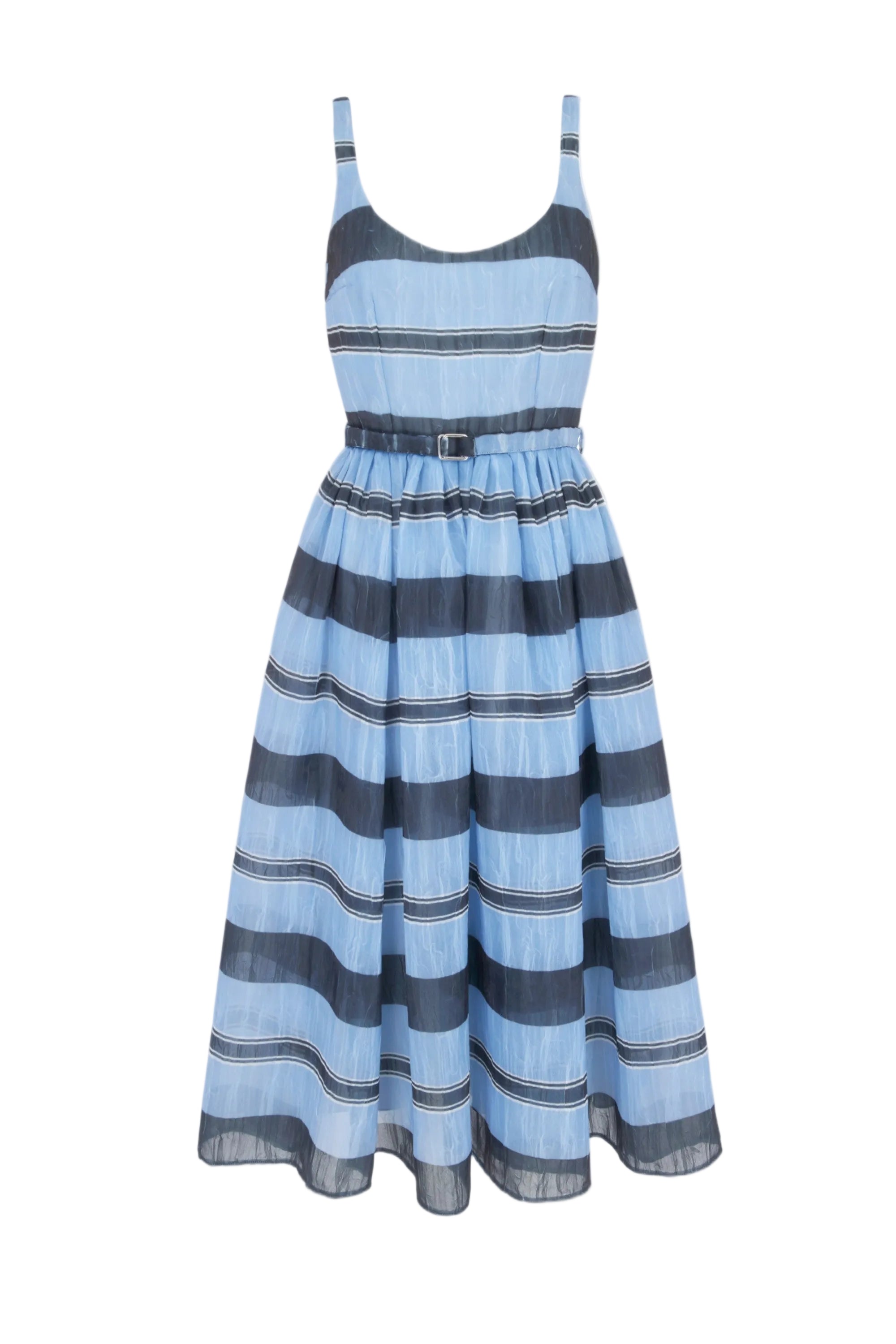 Eglantine Dress in Blue & Black Striped Textured Organza