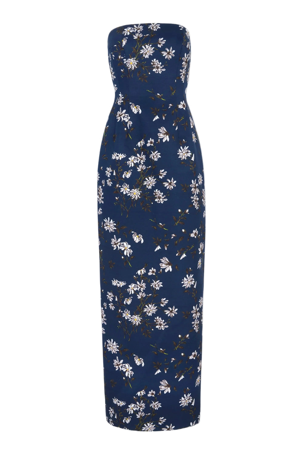 Front view of Laelia Dress in Midnight Magnolia Taffeta Faille showcasing strapless column silhouette and floral print on a white background