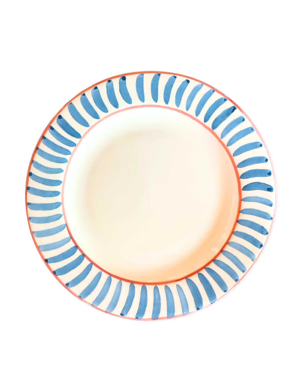Top view of ceramic dinner plate showcasing hand-painted blue brushstroke rim and thin terracotta border
