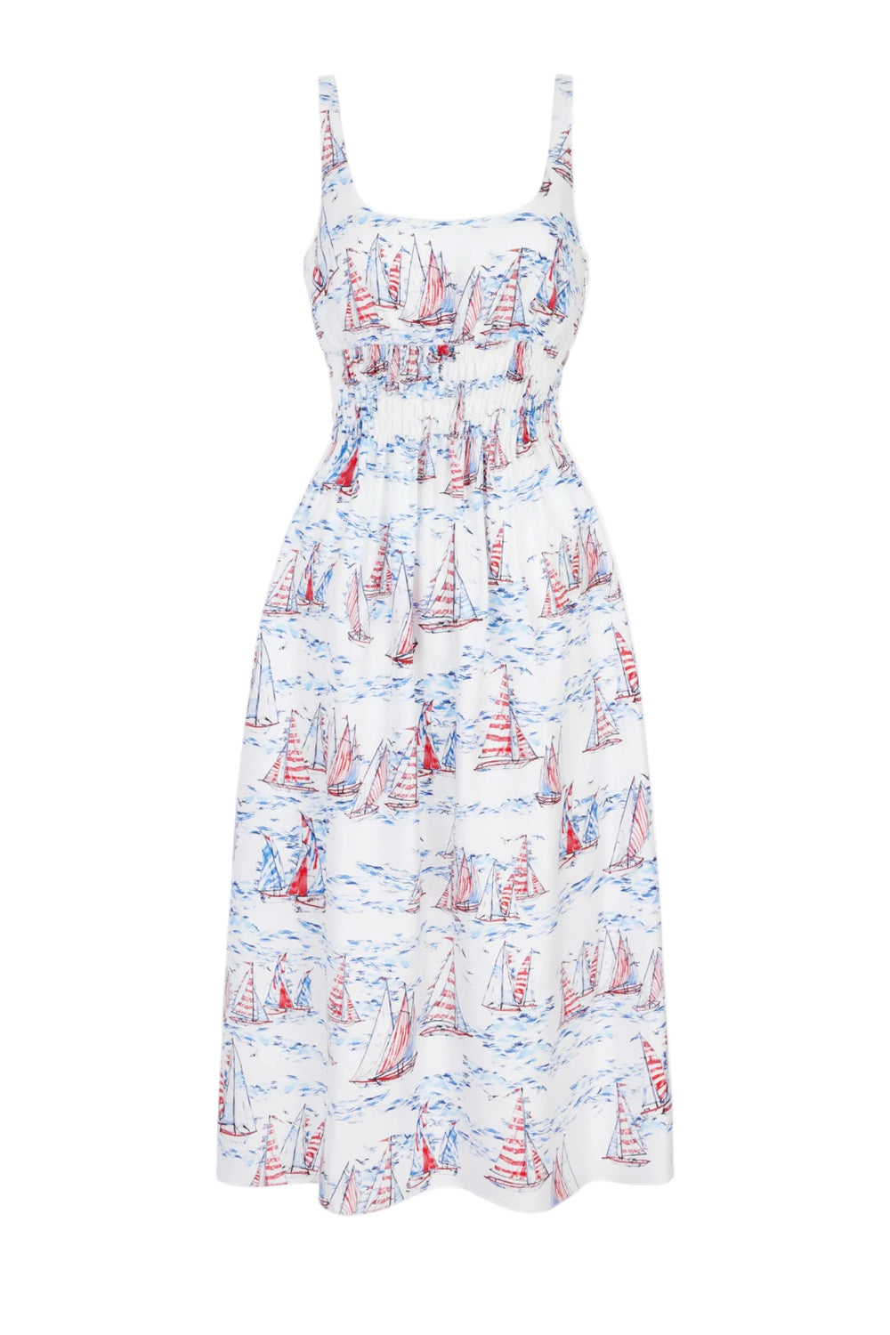 Front view of Giovanna Dress in Boat Print Silk Twill showcasing shirred bodice and midi skirt on white background