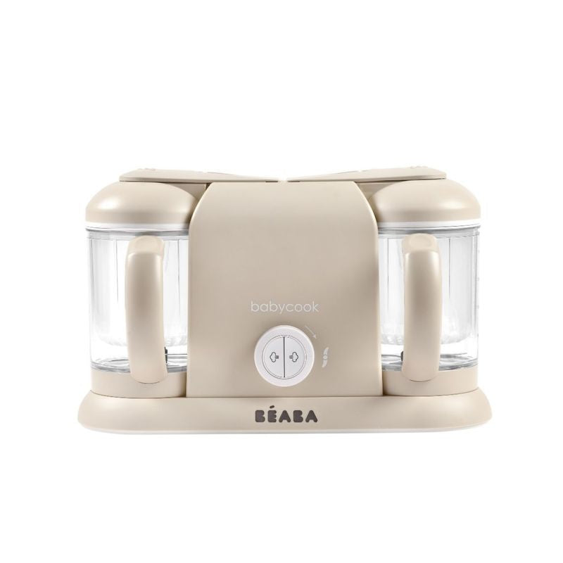 Front view of Babycook Duo in Oat showcasing two large capacity cooking bowls with white background
