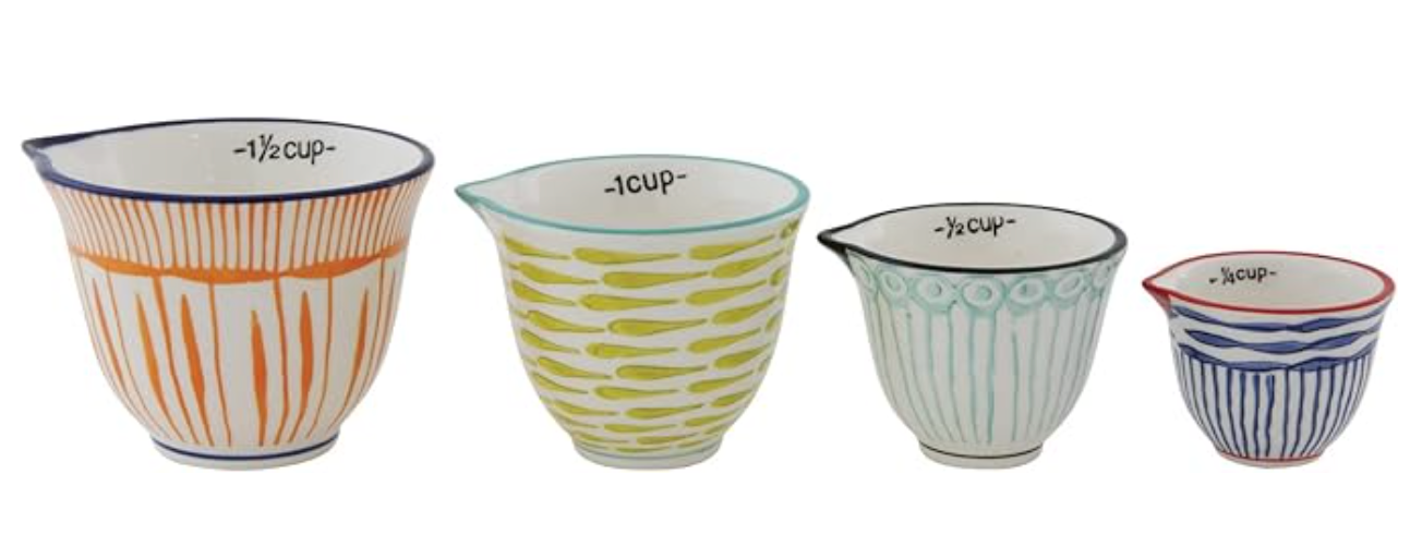 Creative Co-Op Hand Stamped Striped Stoneware Measuring Cups (Set of 4 Sizes/Designs)