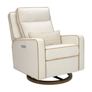 Three-quarter view of Sigi Pro Power Recliner and Swivel Glider showcasing swivel base and power controls on white background