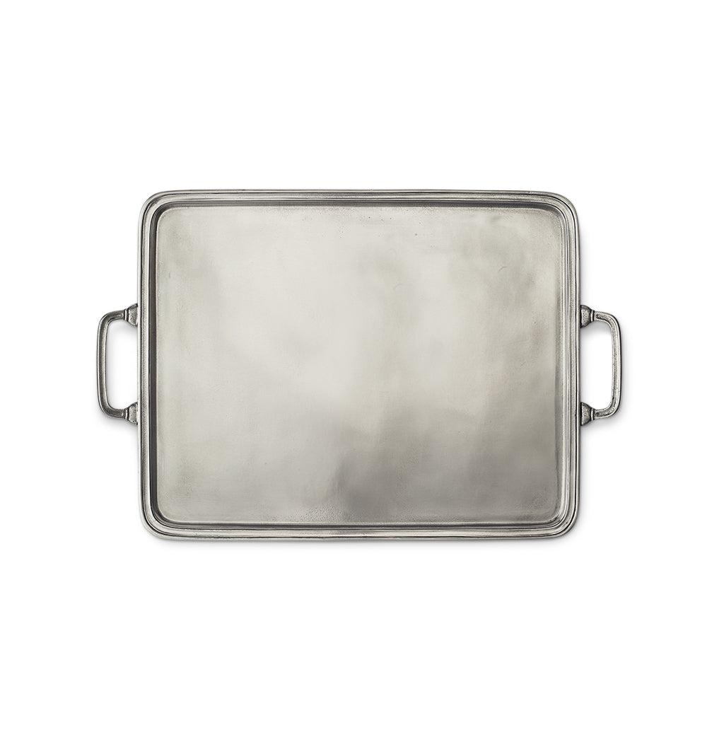 Top view of Rectangle Tray with Handles, X-Large showcasing pewter finish and side handles on white background