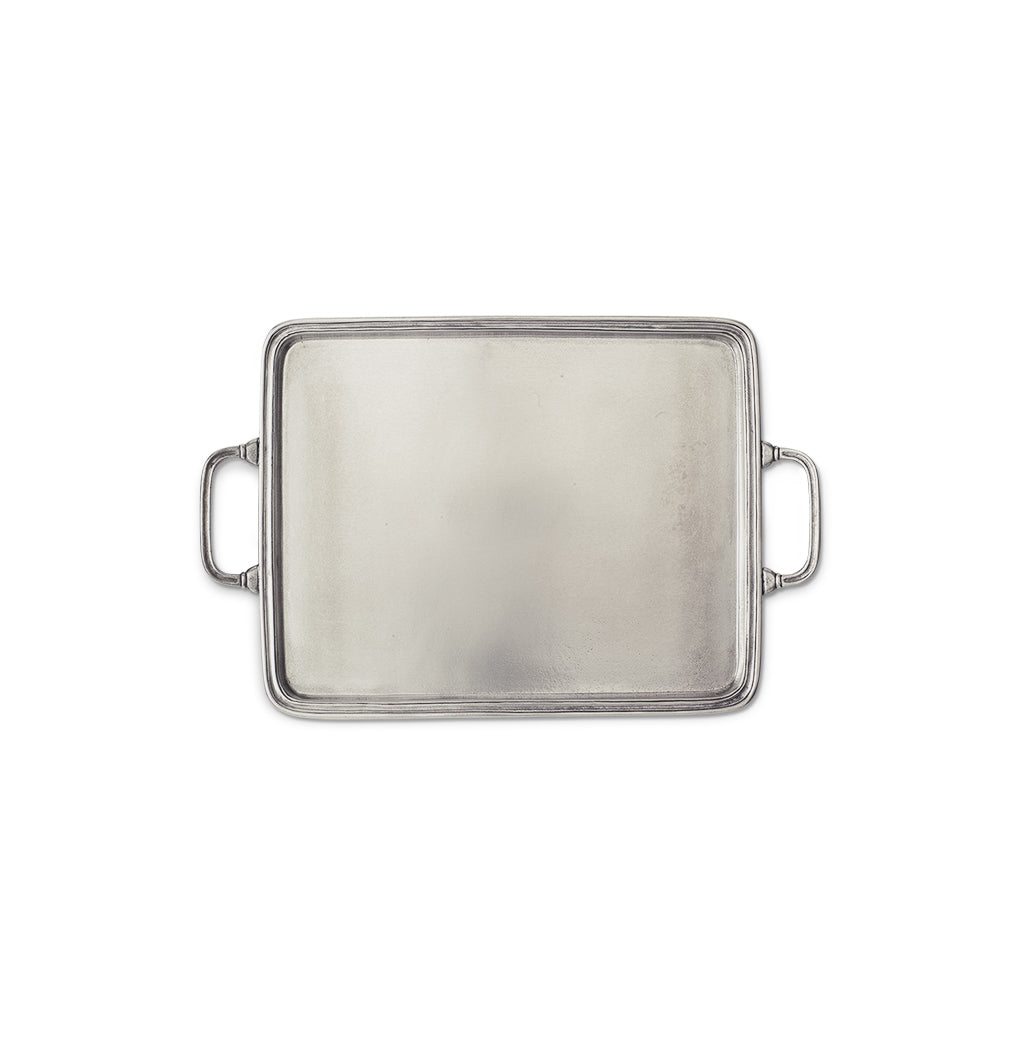 Top view of Rectangle Tray with Handles, Medium showcasing pewter finish, raised rim, and side handles on a white background