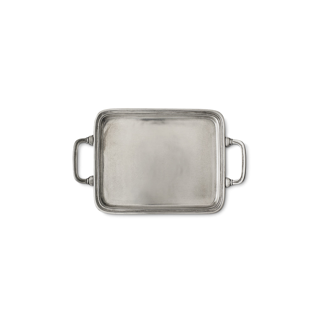 Top view of Rectangle Tray with Handles, Small showcasing its pewter finish and two handles with a white background