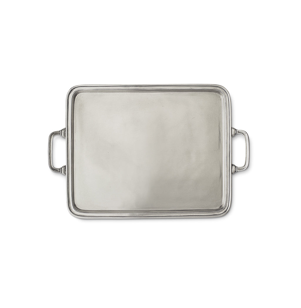 Top view of the Rectangle Tray with Handles Large showcasing pewter finish raised rim and side handles on a white background