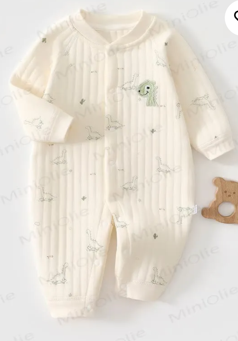 Baby Dinosaur Print Newborn Quilted Pajamas Romper- 0-3 Months