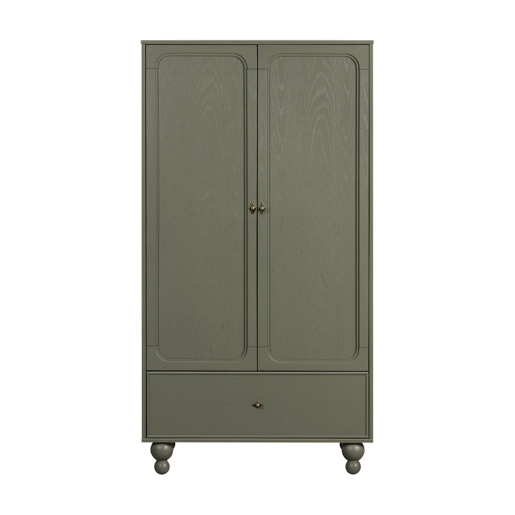 Front view of Astre Assembled Armoire by Nate Berkus in Archival Elm showcasing two paneled doors, one drawer, and rounded feet