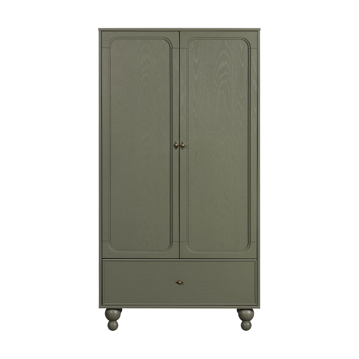 Front view of Astre Assembled Armoire by Nate Berkus in Archival Elm showcasing two paneled doors, one drawer, and rounded feet