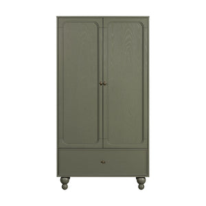 Front view of Astre Assembled Armoire by Nate Berkus in Archival Elm showcasing two paneled doors, one drawer, and rounded feet