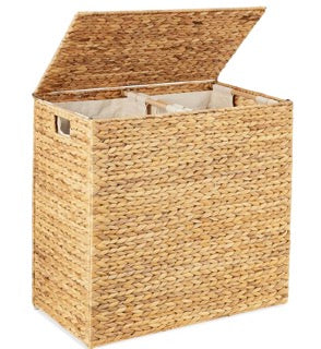 Best Choice Products Large Double Laundry Hamper with Lid, Natural Handwoven Water Hyacinth, 2 Sections w/ 2 Machine Washable Linen Liner Bags, Portable, Handles - Natural