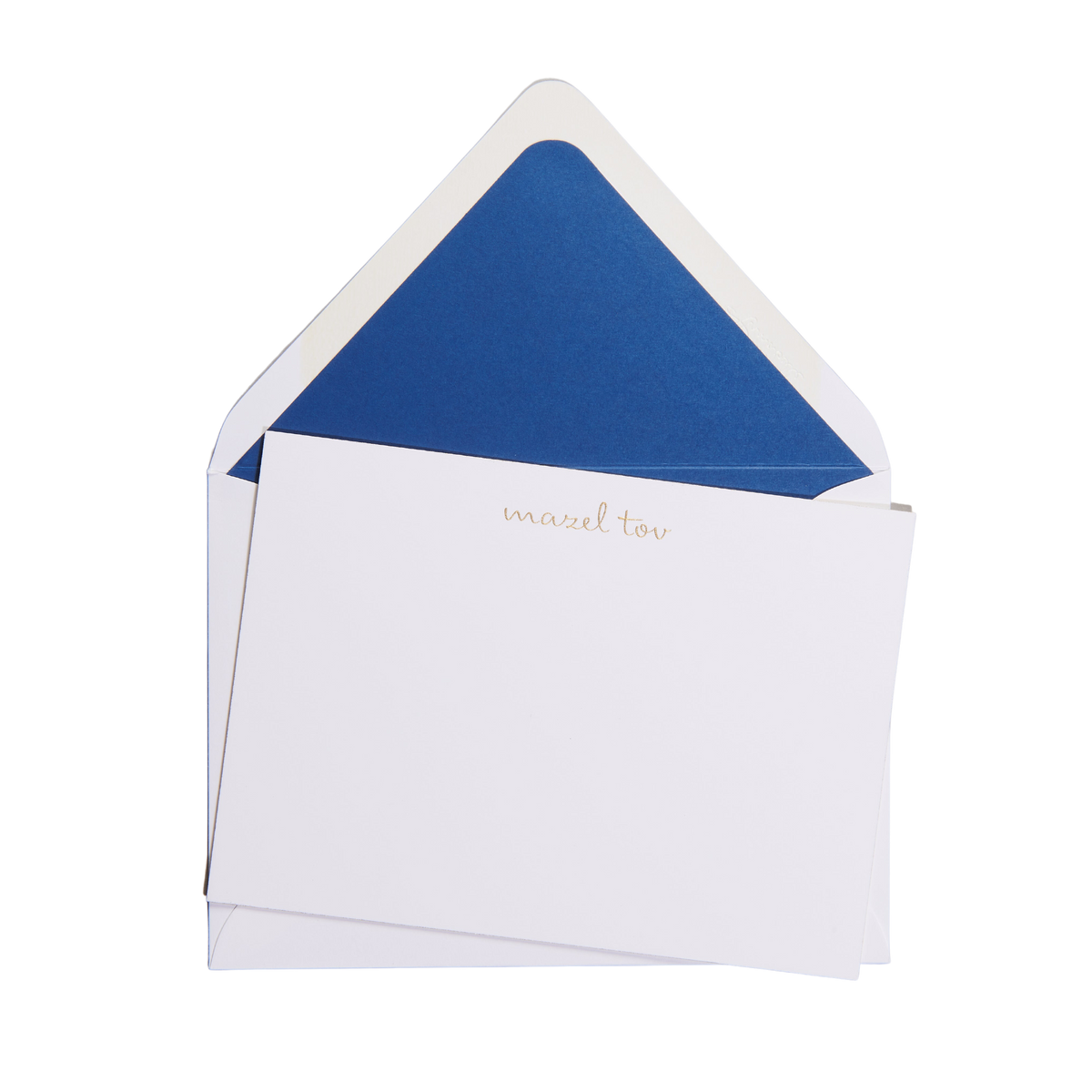 Top-down view of Mazel notecard and euro-flap envelope showcasing gold-foil mazel tov lettering and blue envelope lining