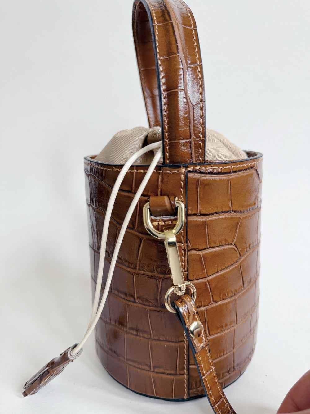 Embossed Croc Bucket Bag in Camel