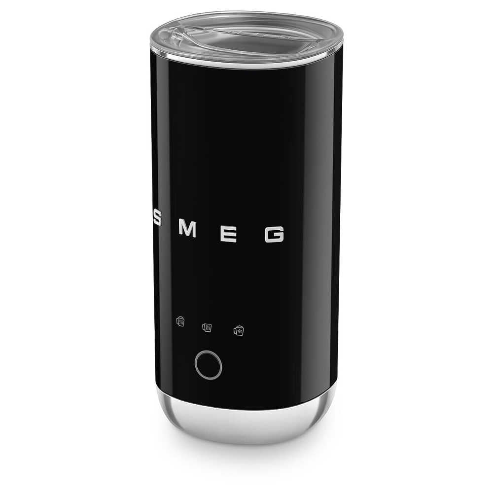 Front view of SMEG Mini Milk Frother in black showcasing SMEG logo, touch control icons, and clear lid on white background