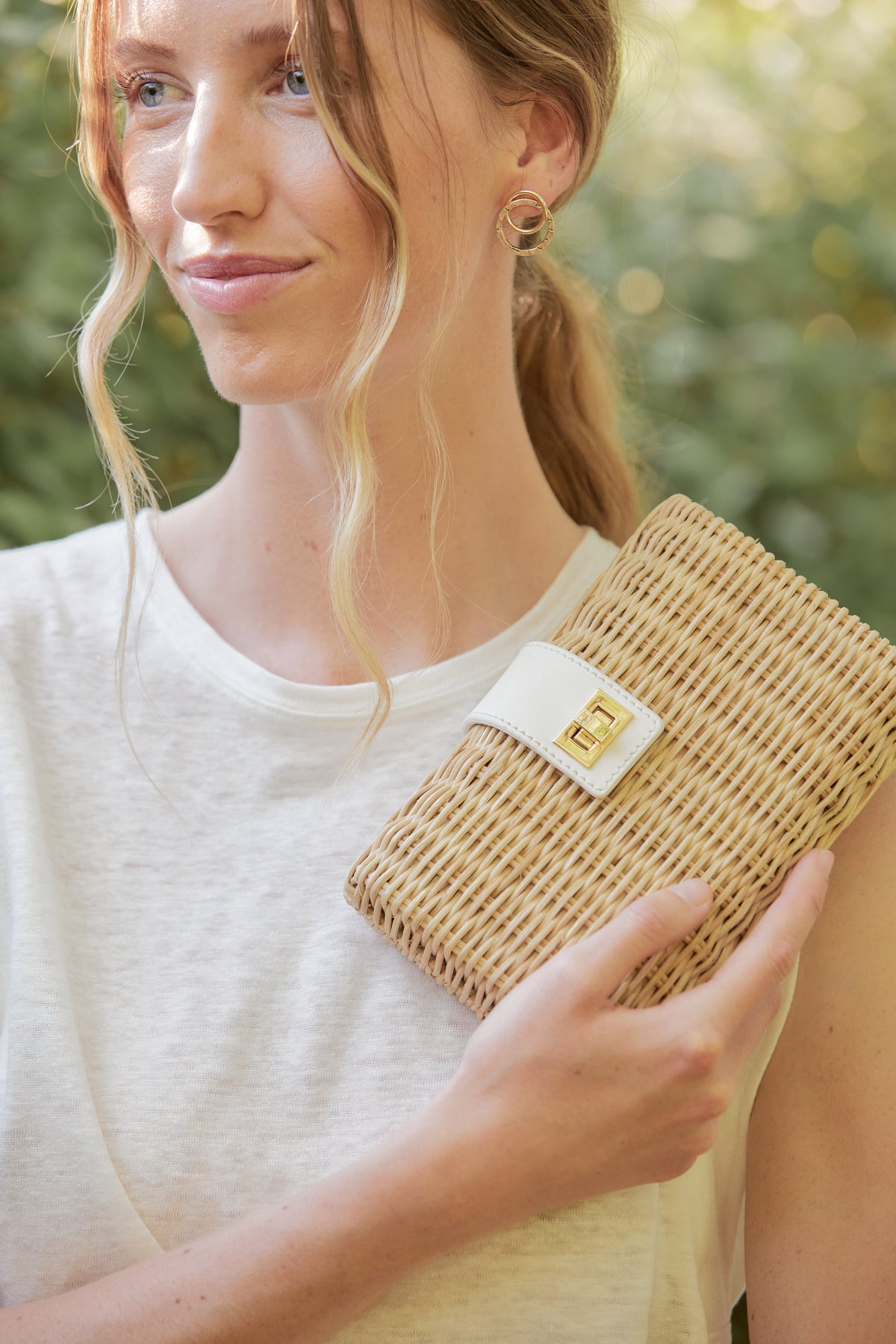 Lou Wicker Straw Clutch Bag in Natural and White