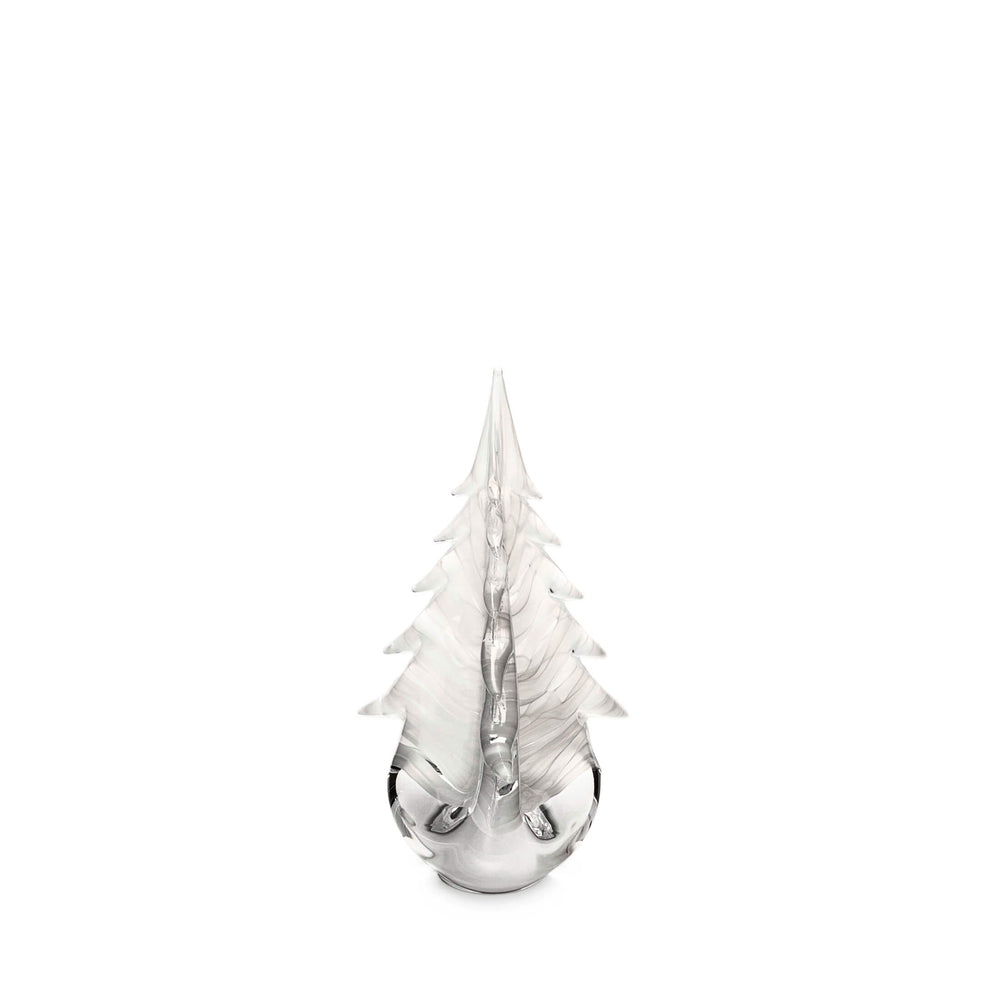 Front view of Snowdrift Evergreen glass tree showcasing textured internal glass ribbons and tapered branches on white background