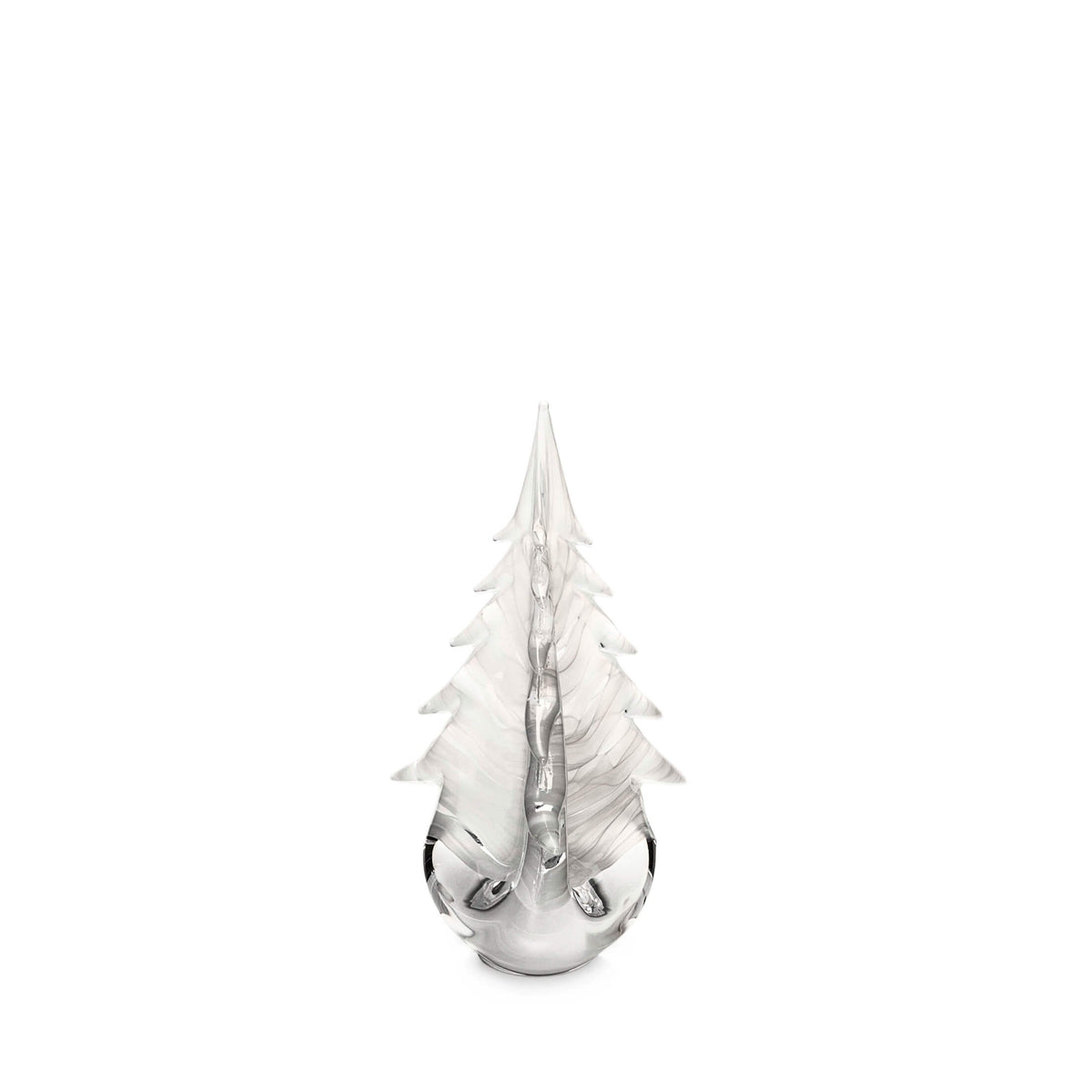 Front view of Snowdrift Evergreen glass tree showcasing textured internal glass ribbons and tapered branches on white background