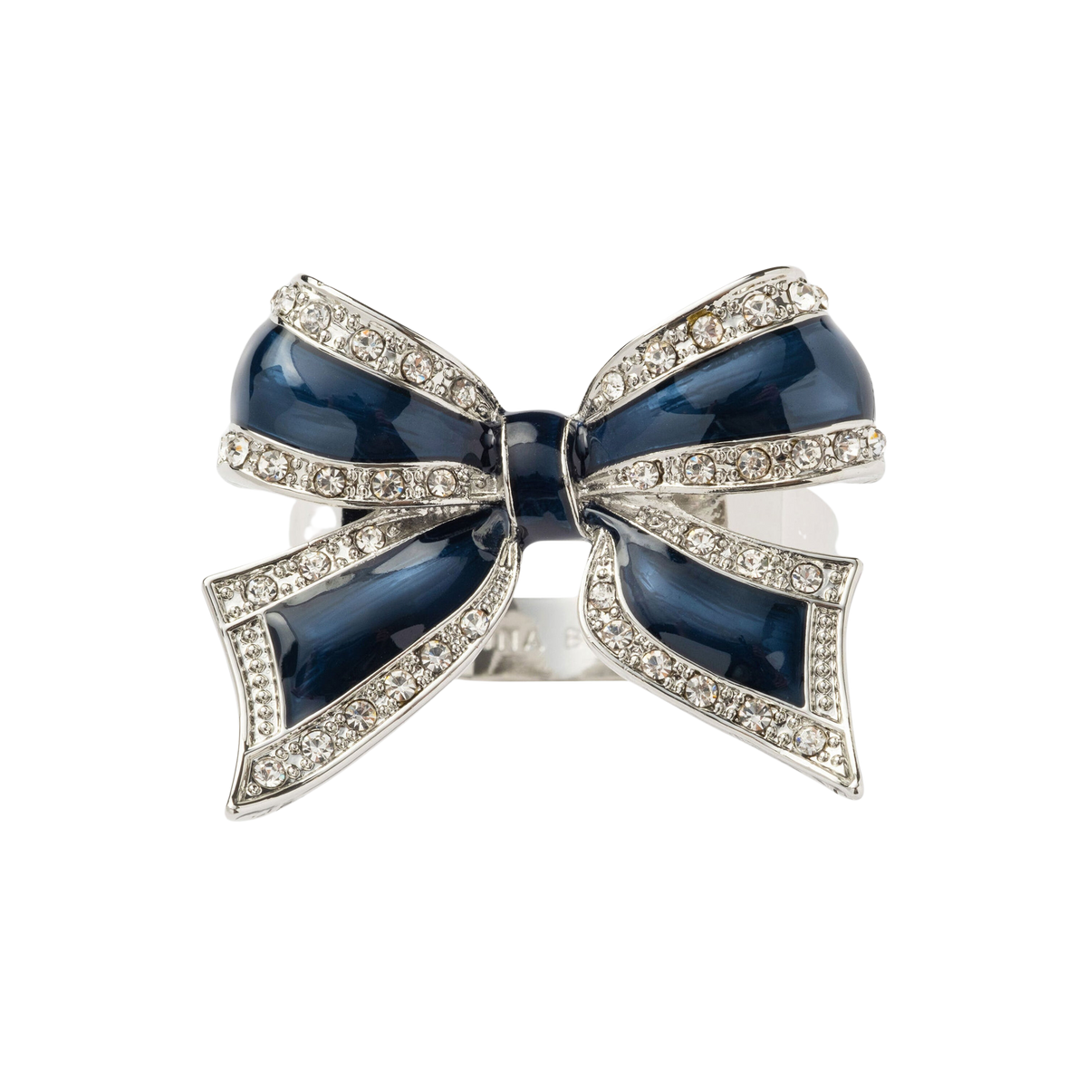 Front view of navy enamel bow napkin ring showcasing jeweled rhinestone edges and shiny silver finish on white background