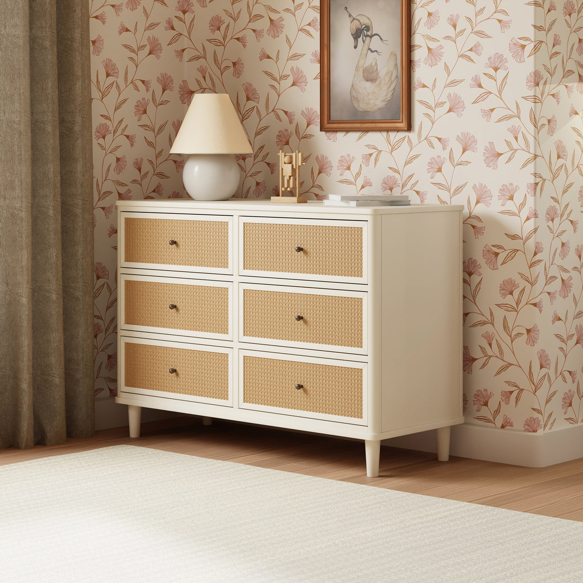 Marin with Cane 6 Drawer Assembled Dresser in Warm White & Honey Cane