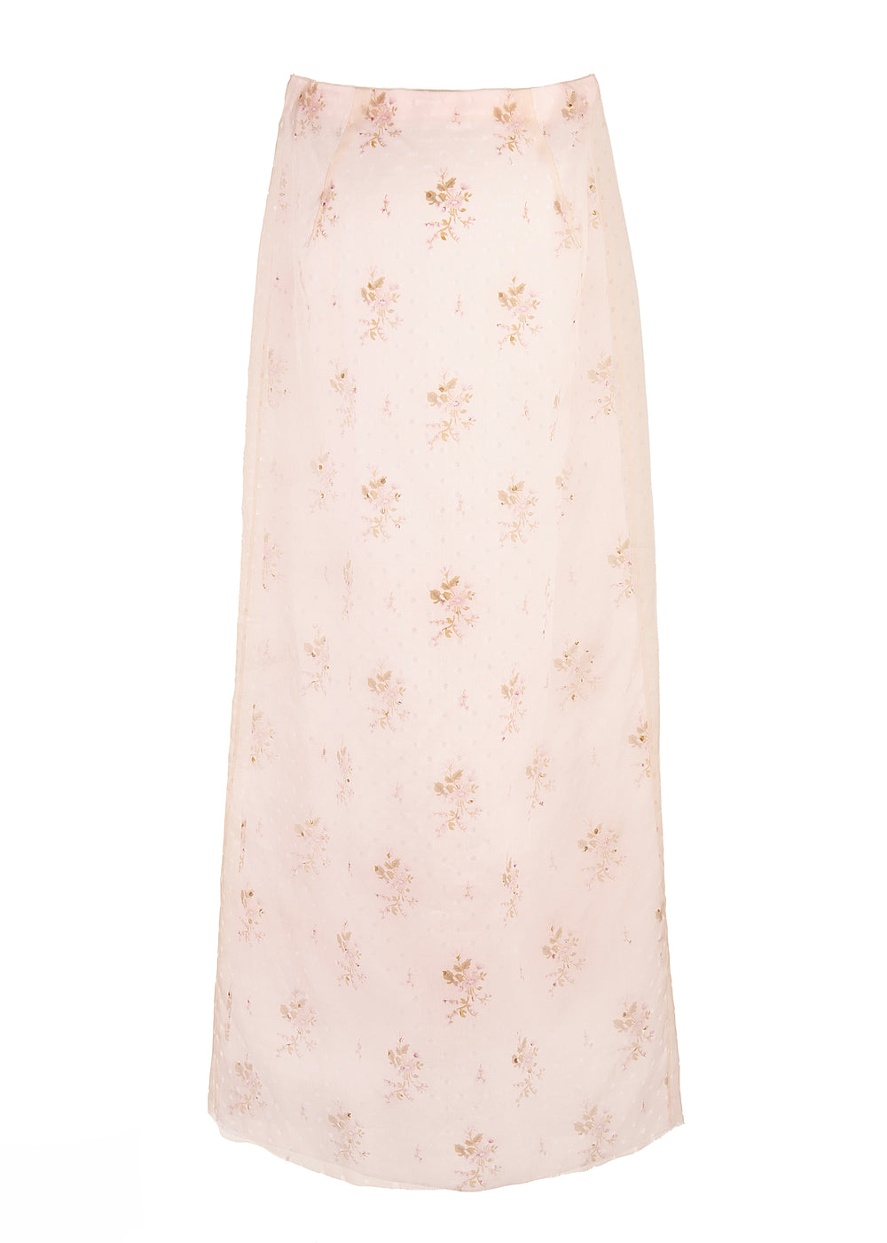 Front view of Cravan Skirt showcasing pale pink floral cotton voile with organza overlay and ankle-length silhouette on white background