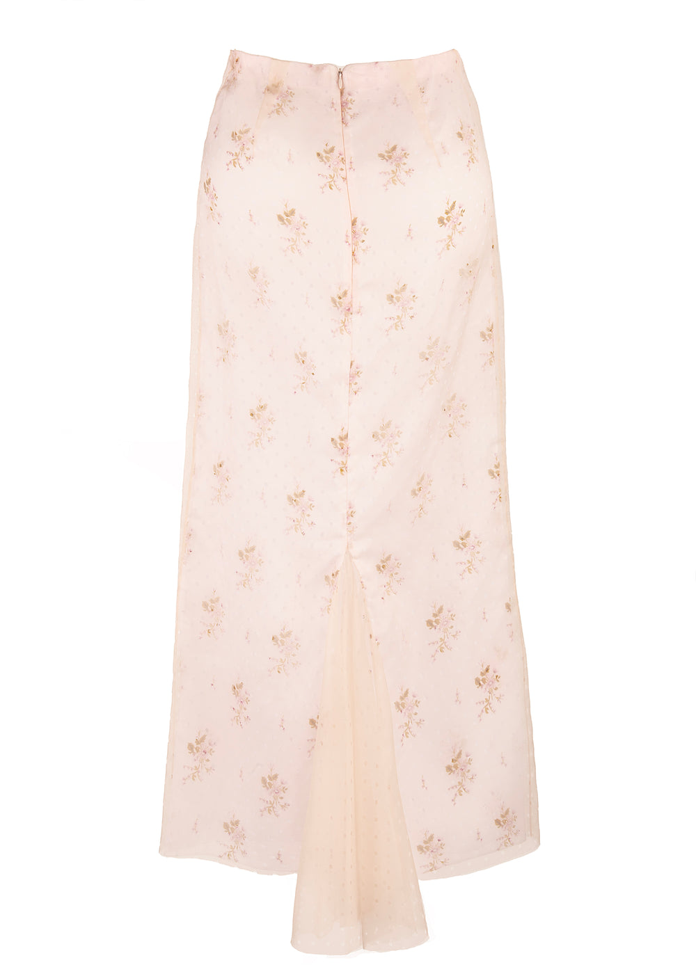 Rear view of Cravan Skirt showcasing ankle-length fit and back godet in pale pink floral organza on white background