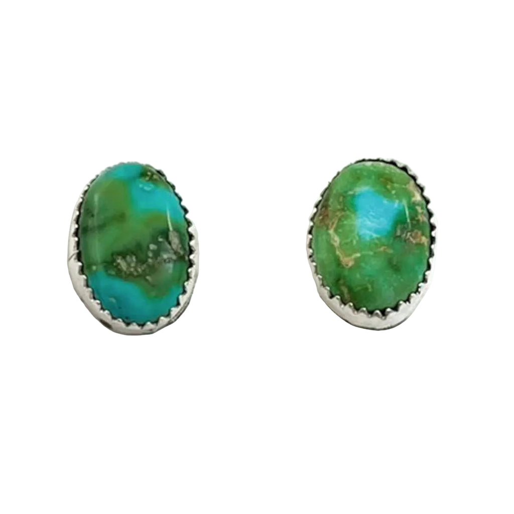 Front view of Sonoran Gold stud earrings showcasing green and blue turquoise in sterling silver settings on a white background