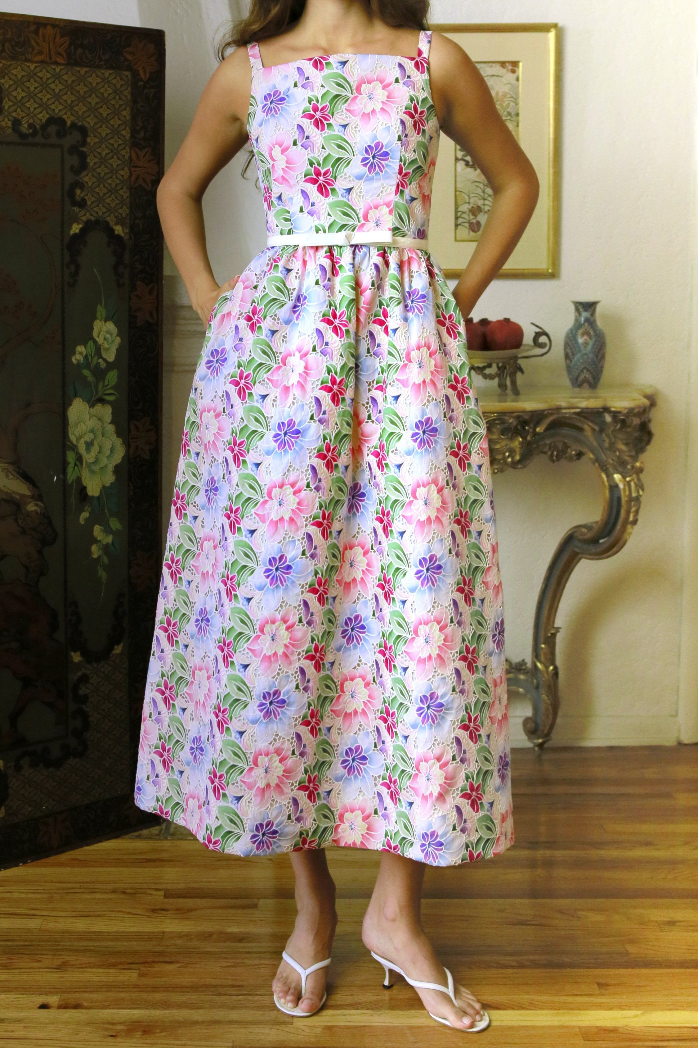 Square Neck Full Skirt in Multi Colored Italian Cotton Eyelet