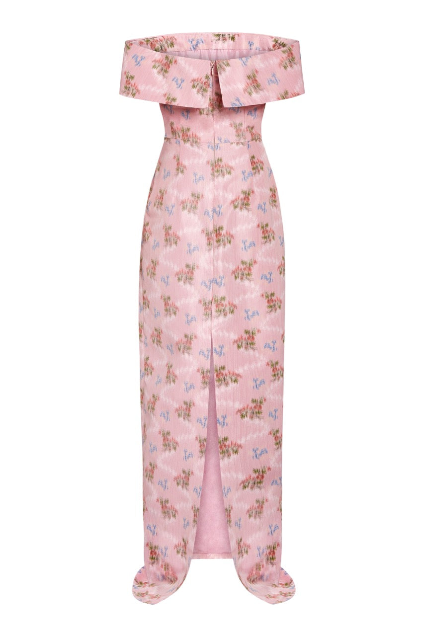 OTM Exclusive: Clover Pink Floral Ikat Off-The-Shoulder Collar Column Gown With Back Slit