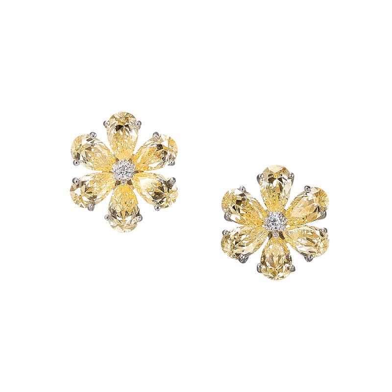 Front view of Marguerite Daisy Earrings showcasing flower-shaped simulated canary and white diamonds on a white background
